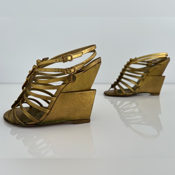 YVES SAINT LAURENT BRONZE GOLD GLADIATOR WEDGE SANDALS SIZE IT 37.5 / US 7.5 - Picture 11 of 17